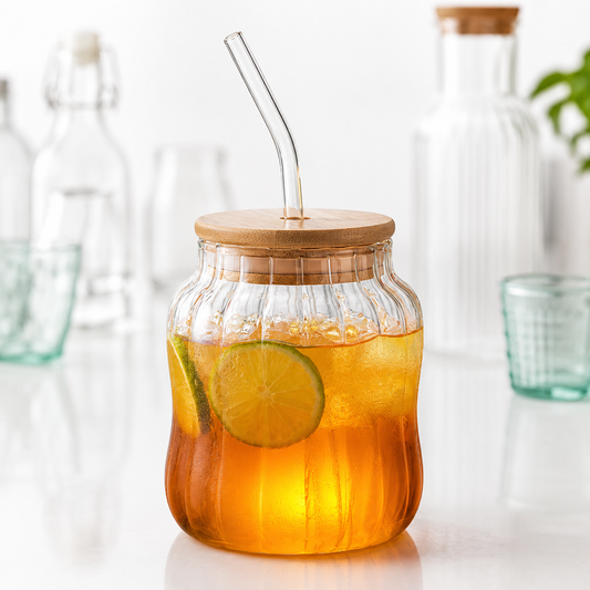 450ml Sublimation Glass Cup with Handle, Bamboo Lid & Glass Straw | 15oz Clear Ribbed Glass Tumbler