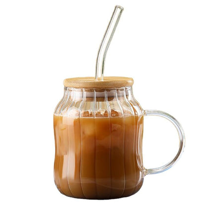 450ml Sublimation Glass Cup with Handle, Bamboo Lid & Glass Straw | 15oz Clear Ribbed Glass Tumbler
