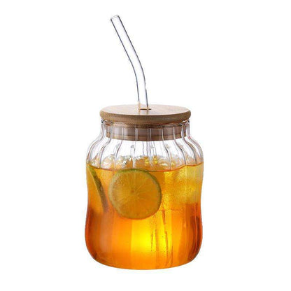 450ml Sublimation Glass Cup with Handle, Bamboo Lid & Glass Straw | 15oz Clear Ribbed Glass Tumbler