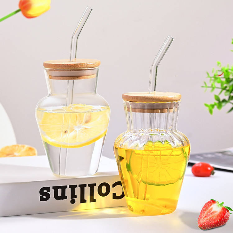 450ml Sublimation Glass Cup with Handle, Bamboo Lid & Glass Straw | 15oz Clear Ribbed Glass Tumbler