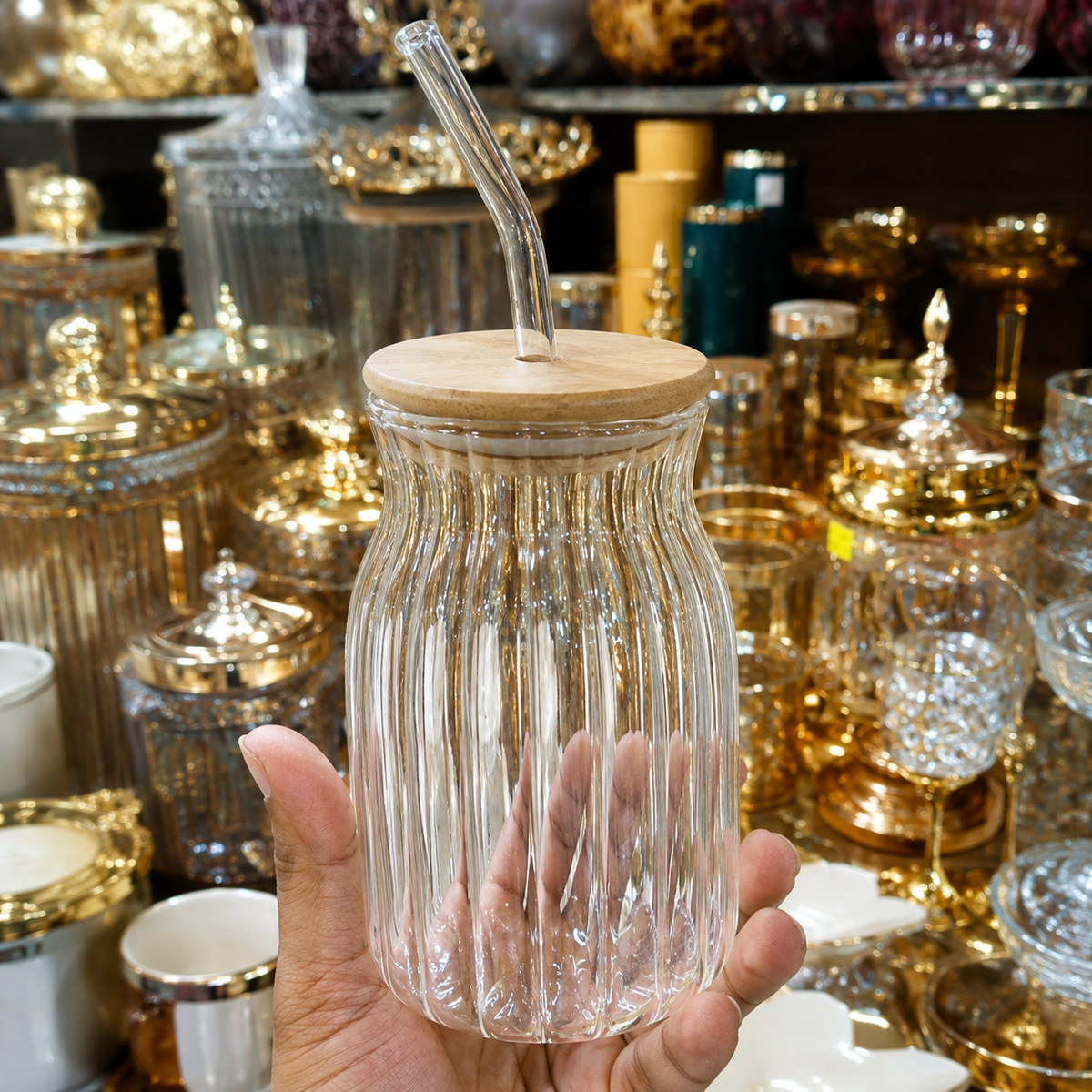 450ml Sublimation Glass Cup with Handle, Bamboo Lid & Glass Straw | 15oz Clear Ribbed Glass Tumbler