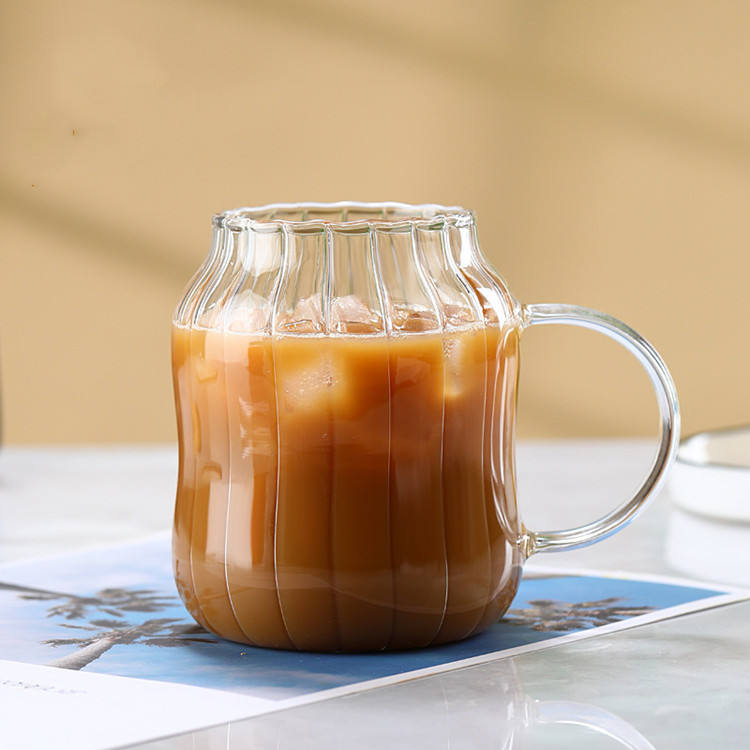 450ml Sublimation Glass Cup with Handle, Bamboo Lid & Glass Straw | 15oz Clear Ribbed Glass Tumbler