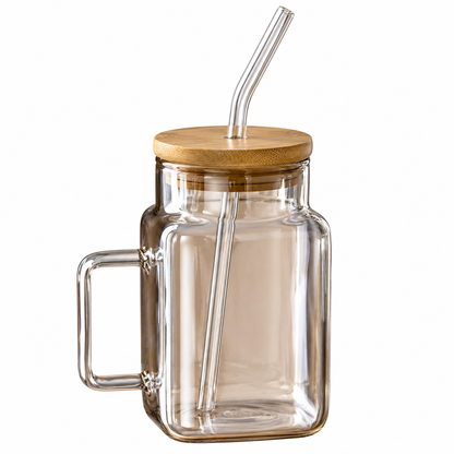 450ml Sublimation Glass Cup with Handle, Bamboo Lid & Glass Straw | 15oz Clear Ribbed Glass Tumbler